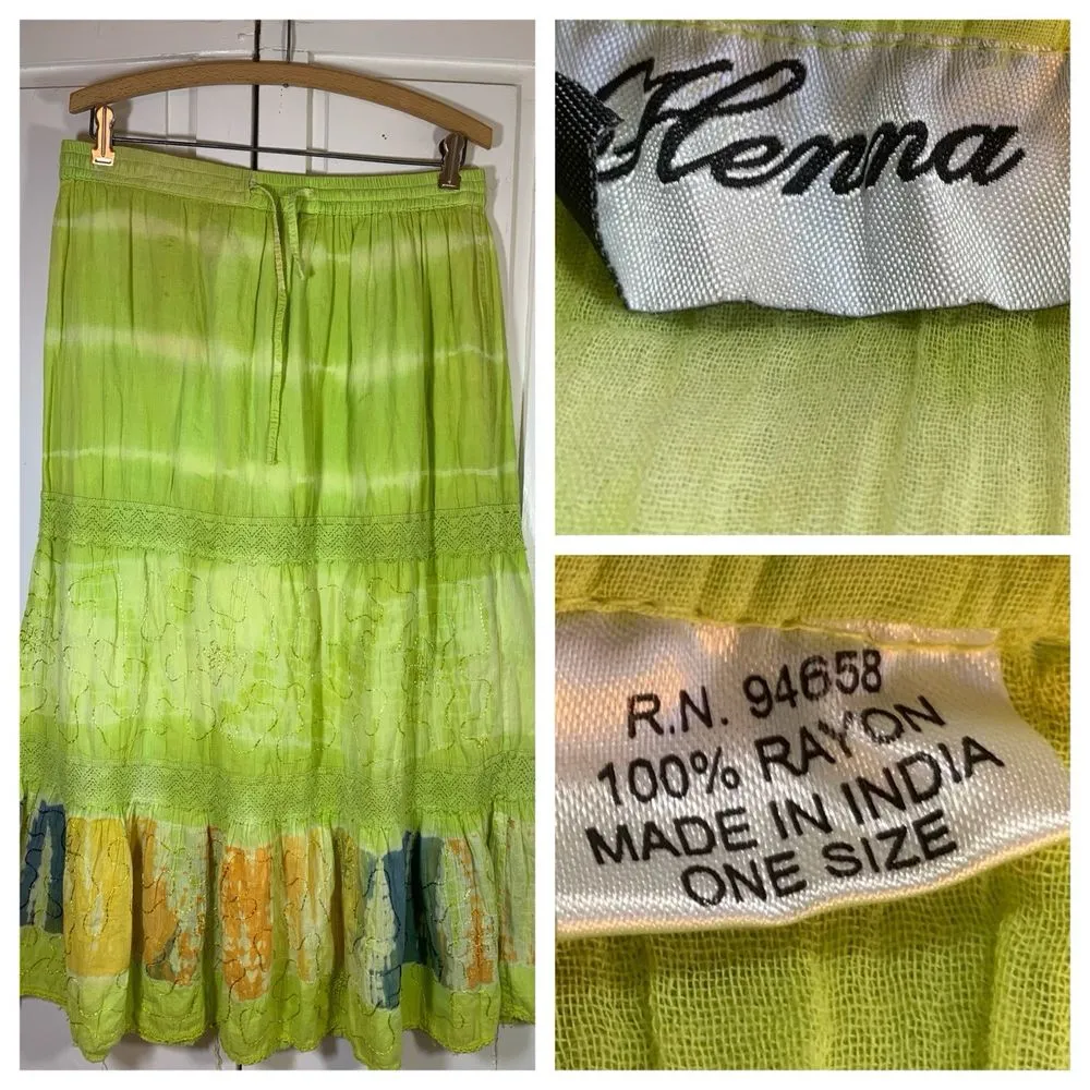 Boho Hippie Bohemian Maxi Long Skirt‎ OS Tiered Pull On Broomstick Embroidered Yellow Size undefined - Image 2