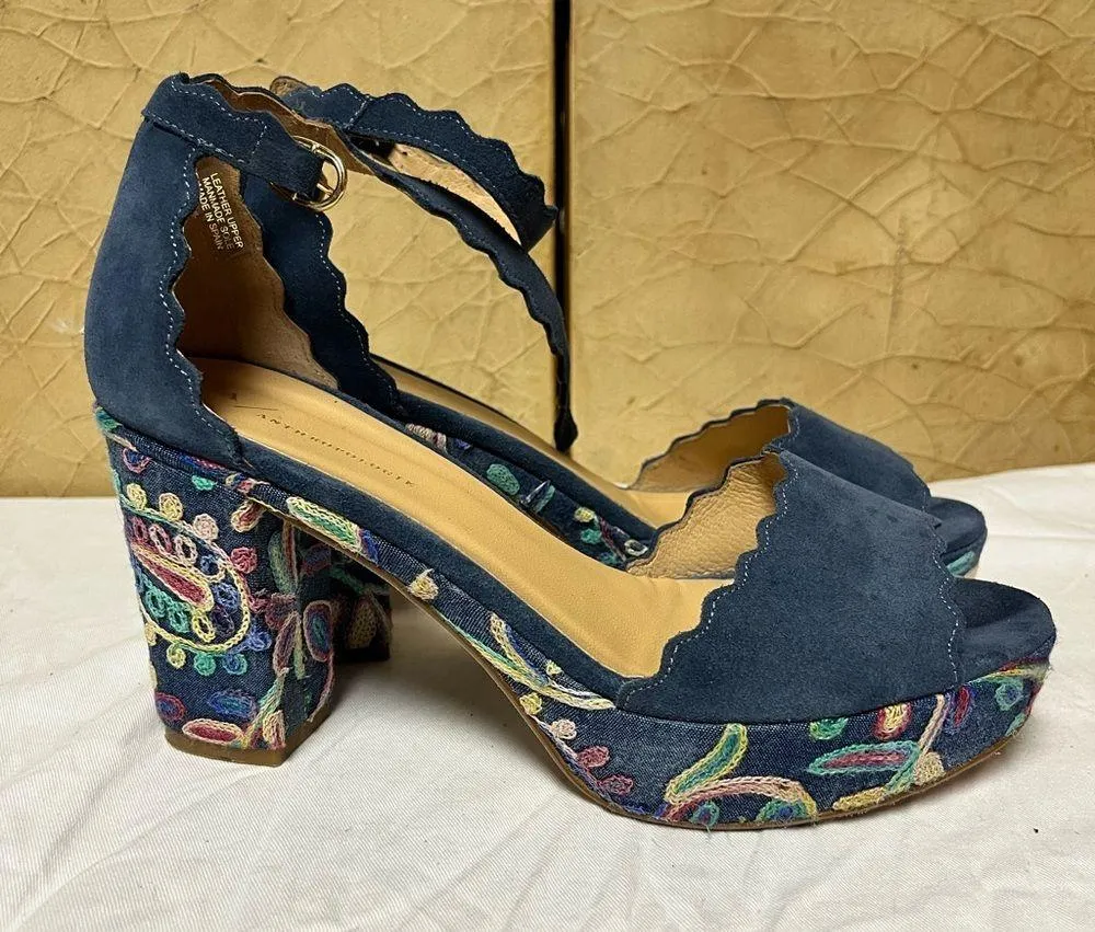 Anthropologie Platform Sandal Heel Womens 9 Ankle Strap Suede Floral Boho Blue - Image 6
