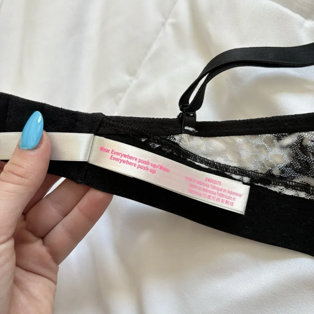 Pink Victorias Secret Wear Everywhere Push Up Bra Black White Lace Womens 34D - Image 6