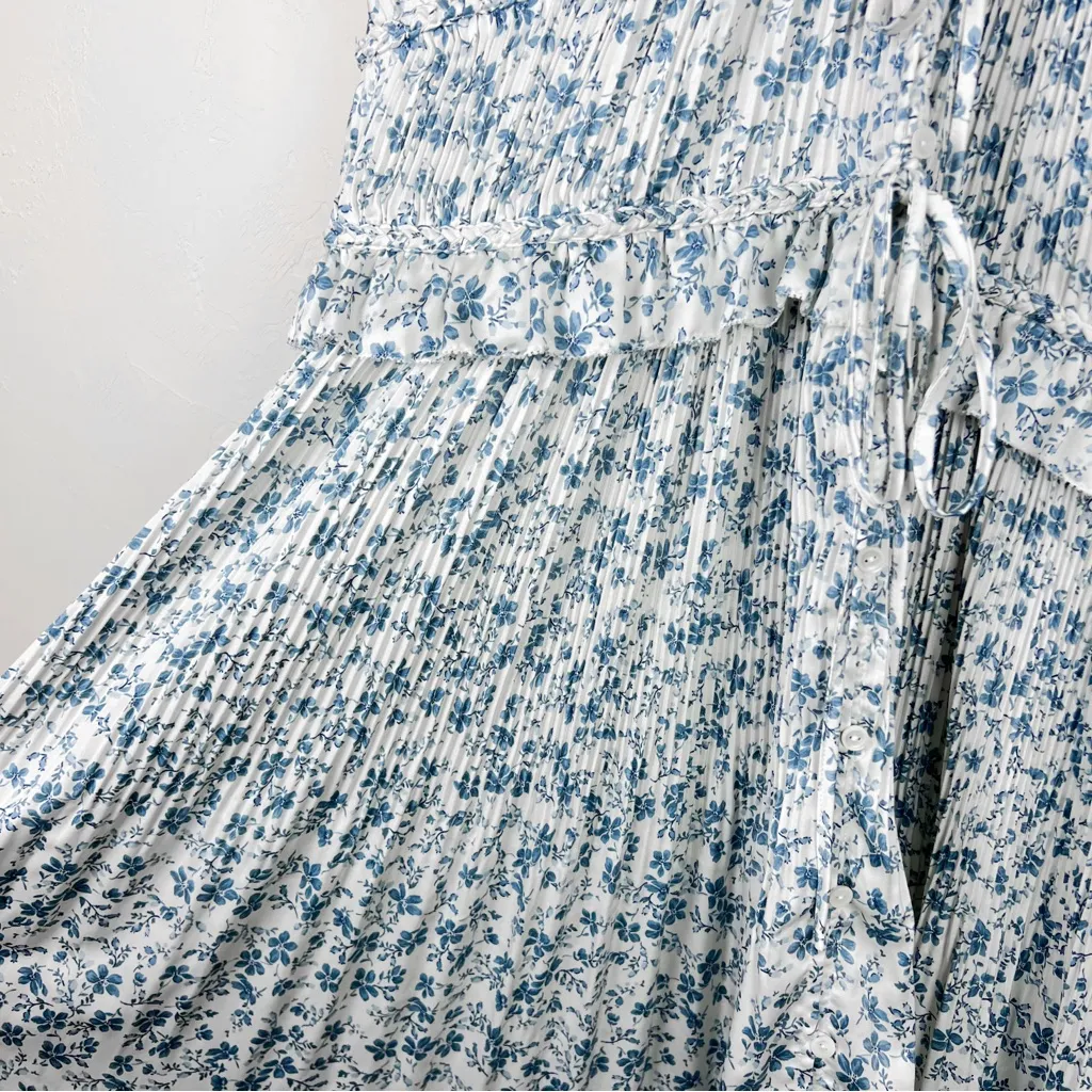 Polo Ralph Lauren Olea Floral Plisse Satin Blue White Floral Pleated Midi Dress - Image 10