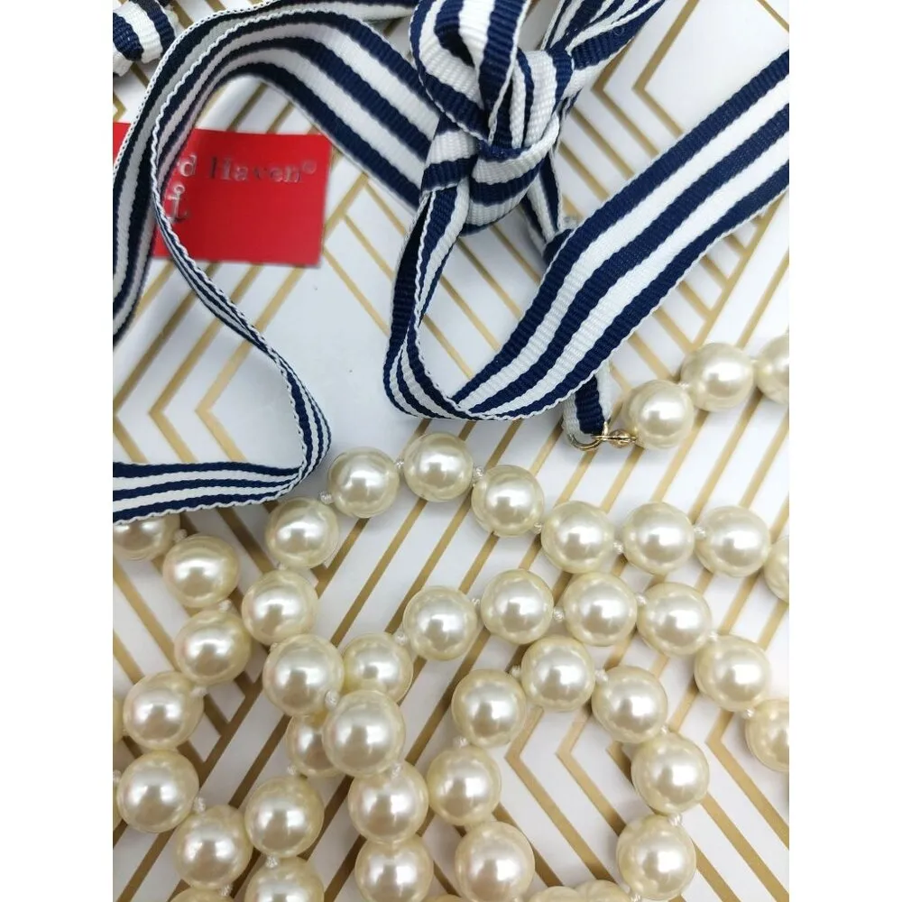 Vineyard Haven NWT Long Strand Knotted Faux Pearl Necklace Nautical Ribbon Tie - Image 2
