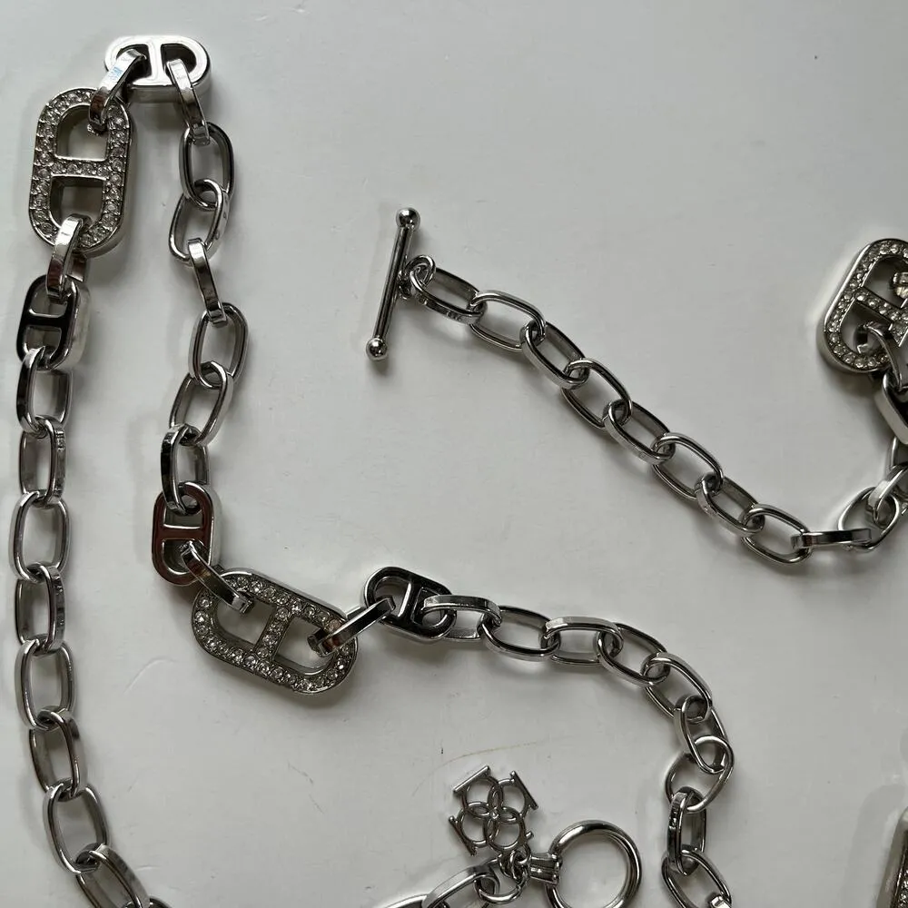 Ann Taylor Silvertone Chain Necklace 30" Crystal Rhinestone Link Layer Statement - Image 12