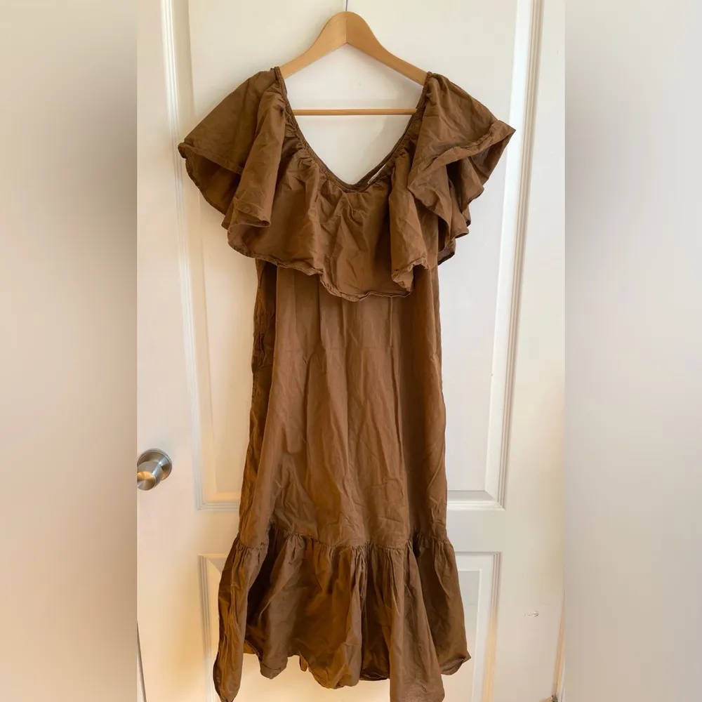 Mille Resort & Travel Juliet Trapeze Ruffle Neck Midi Dress In Cafe Size L Brown Size L - Image 2