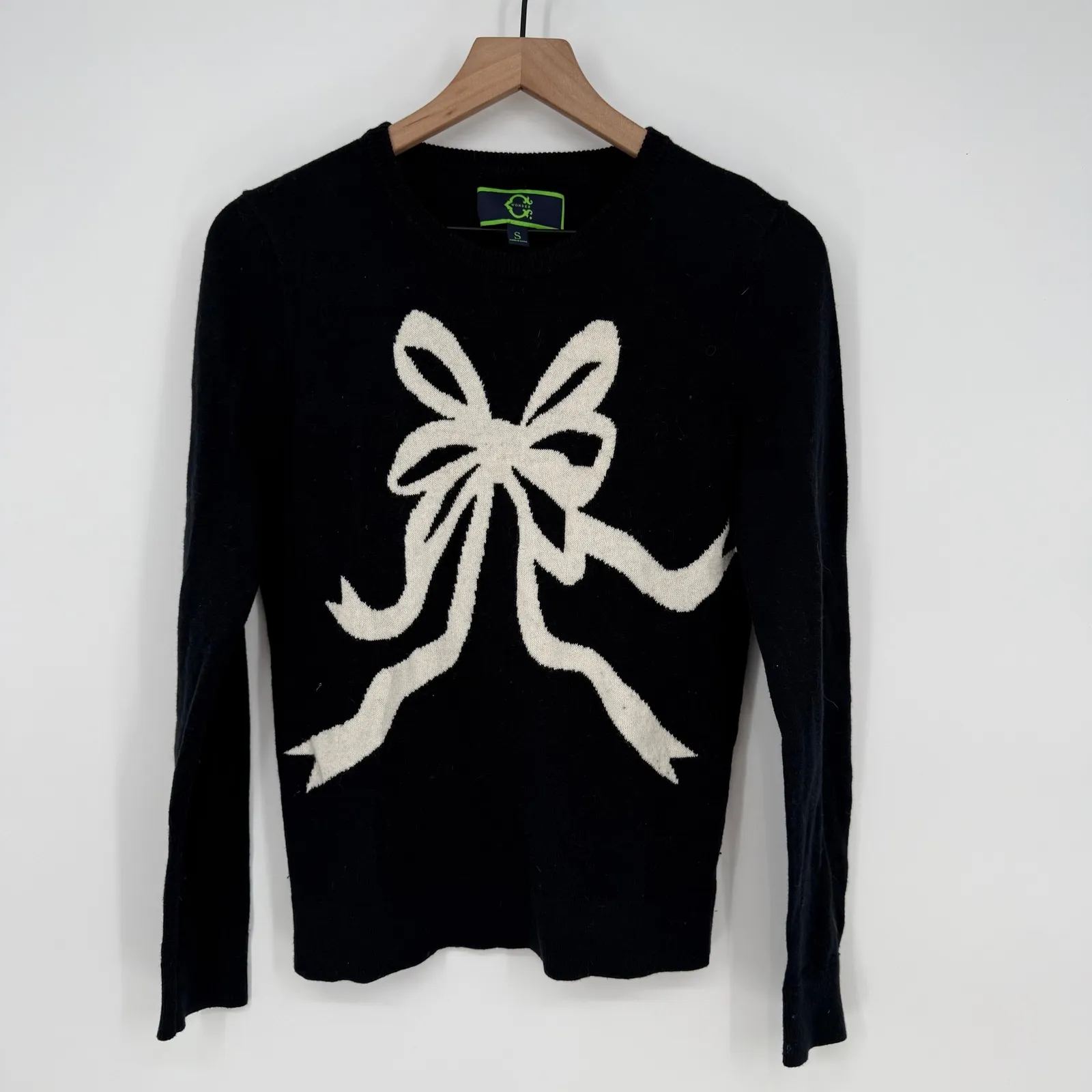 C Wonder Black Knit Sweater Cream Bow Applique Crew Neck Long Sleeve Size S - Image 2