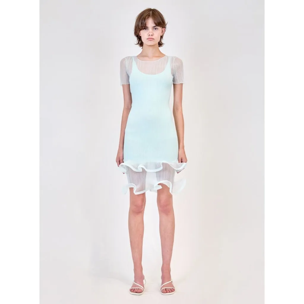 SIMKHAI Jett Short Sleeve Mini Dress in Seafoam Small New Womens Sheath Ruffle Blue - Image 12