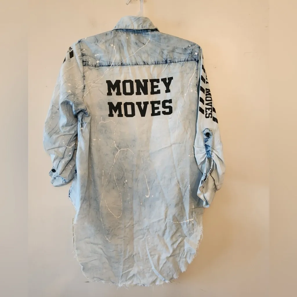 Kroix Long Sleeve Shirt Graphic Blue Jean Look Button Up paint Splatter women xl - Image 6