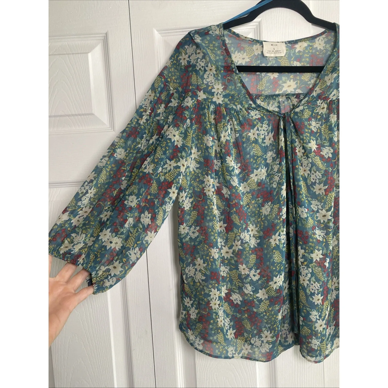 Anthro Pins And Needles Womens Large Green Sheer Floral Boho Top Garden Party - Image 2