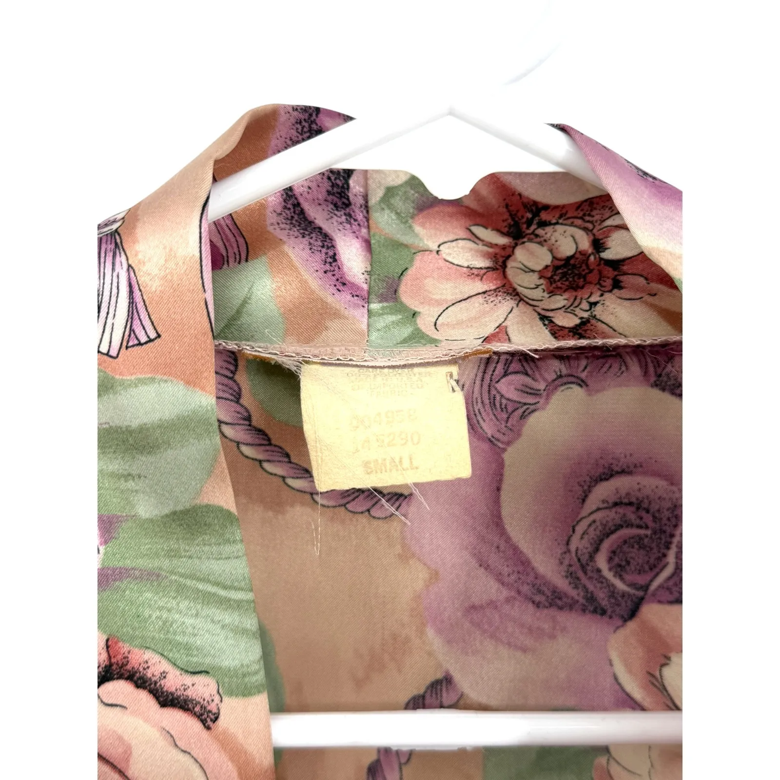 Vintage 90's Satin Floral Short Robe Kimono Lace Cottage Core Feminine Boho S Pink - Image 5