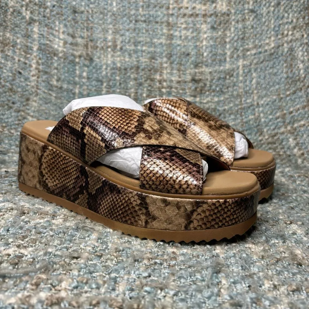 Yellow Box Jodee Snakeskin Print Platform Slip On Sandals in Taupe - Image 5