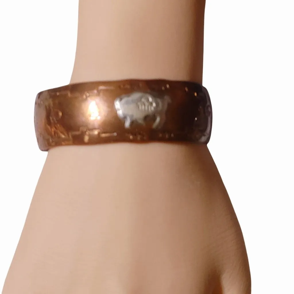 CG Copper Cuff Bracelet Artisan Native Southwest Vintage Silver Buffalo Etch - Image 5