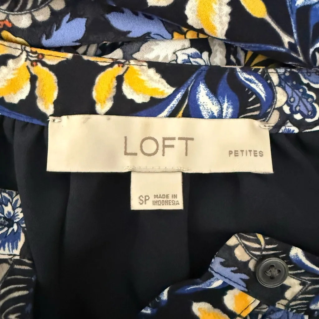 LOFT Ann Taylor Blue & Yellow Floral Drop Waist Ruffle Dress Size Small Petite - Image 10
