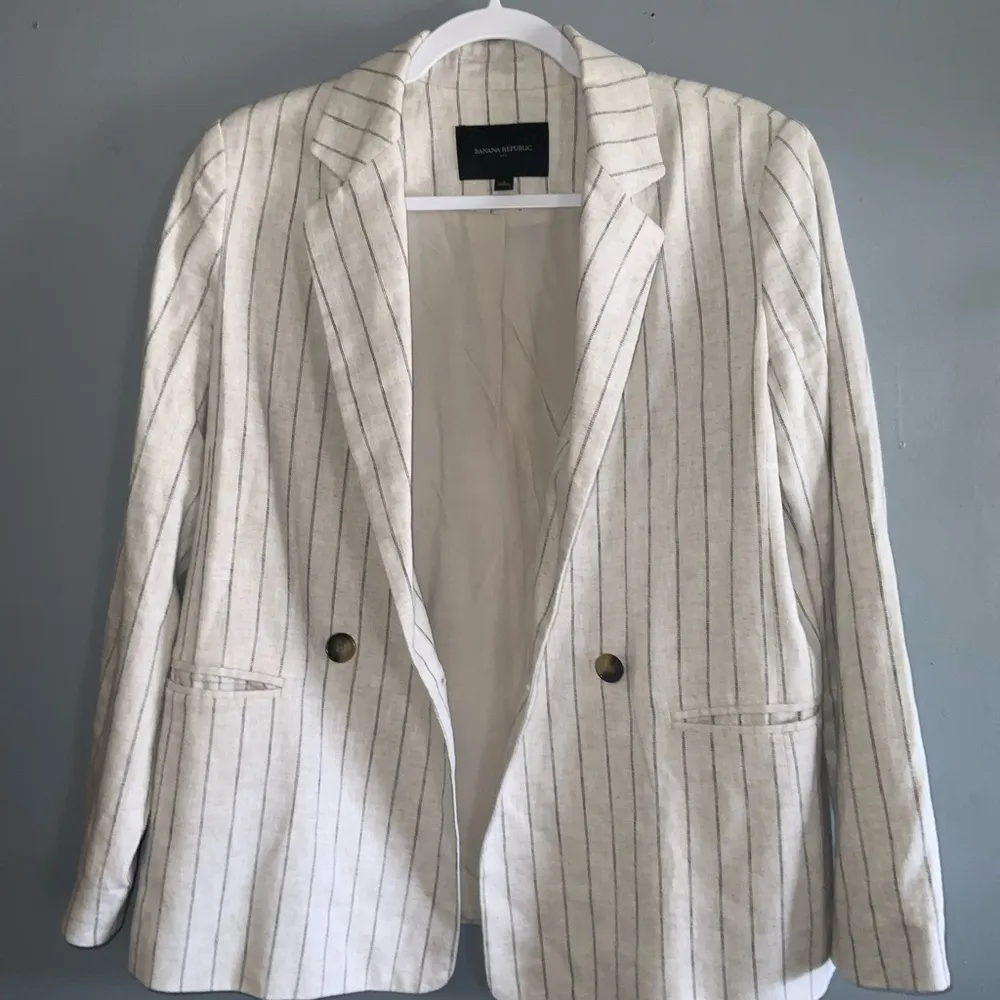 Banana Republic Tan With Black Stripes Blazer Linen Double Breasted Blazer 4 - Image 7