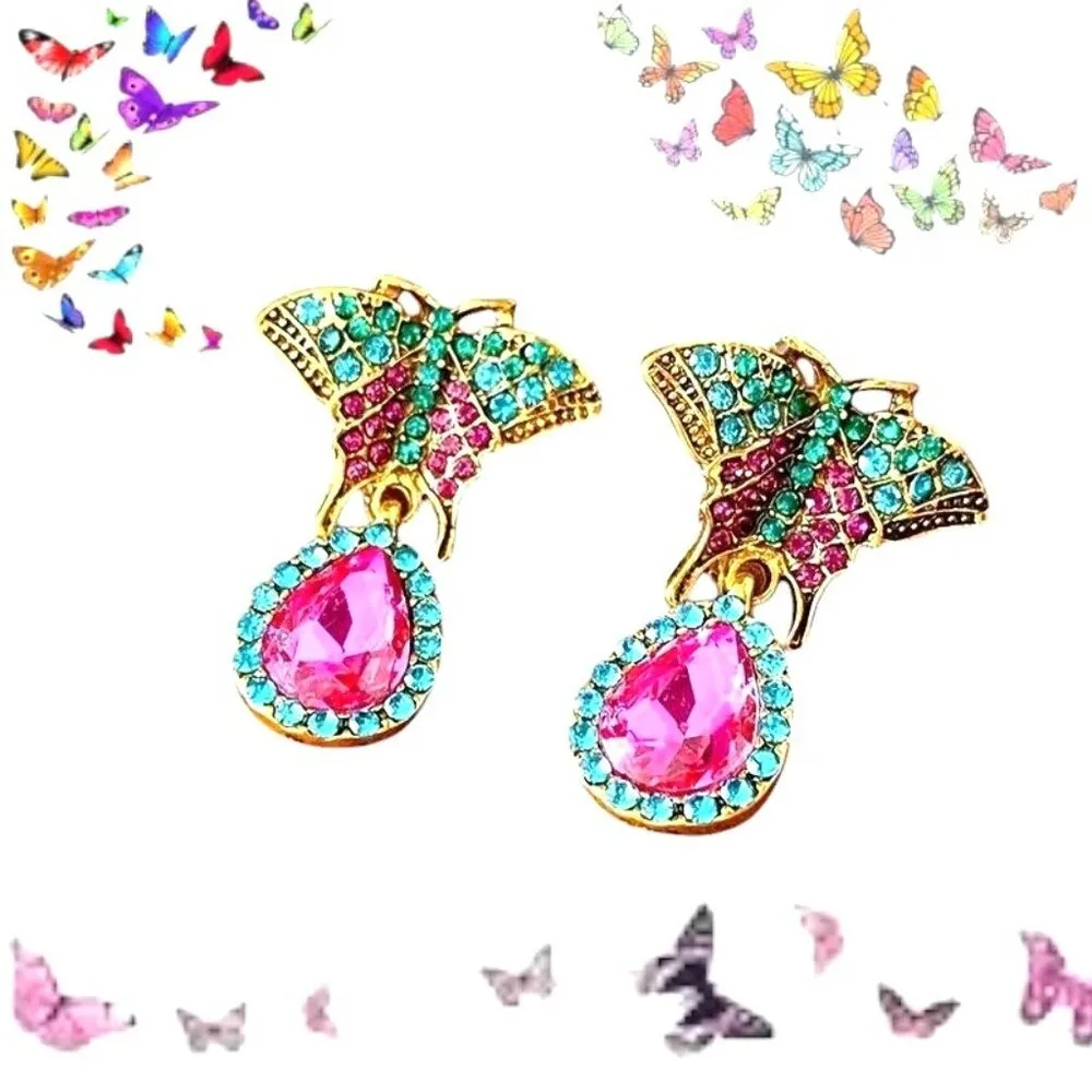 Butterfly Earrings Rhinestones Drop Dangle Crystal Accents Art Deco Festive New Purple - Image 5