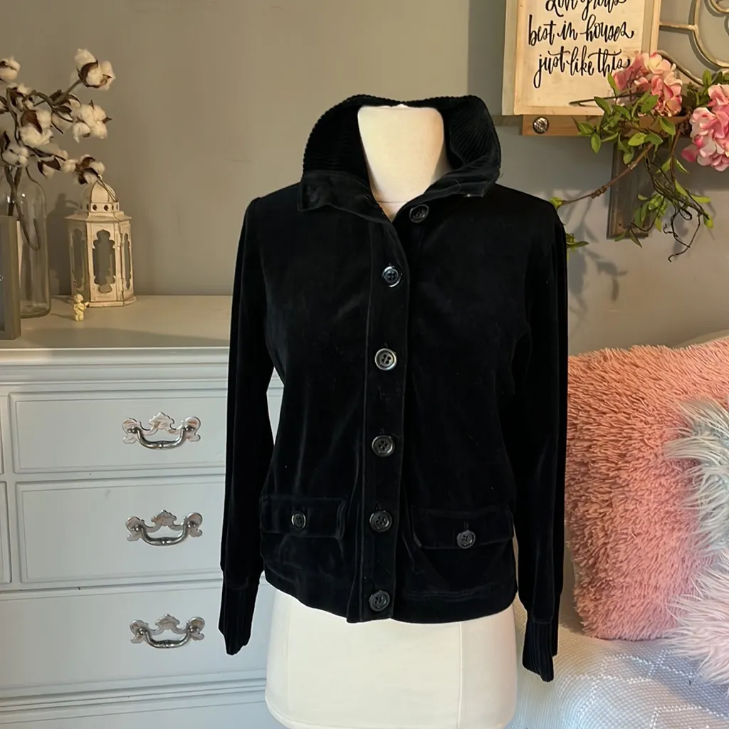 Jones New York Signature Petite Sweater Black Velour Button Down Front Womens PM - Image 11