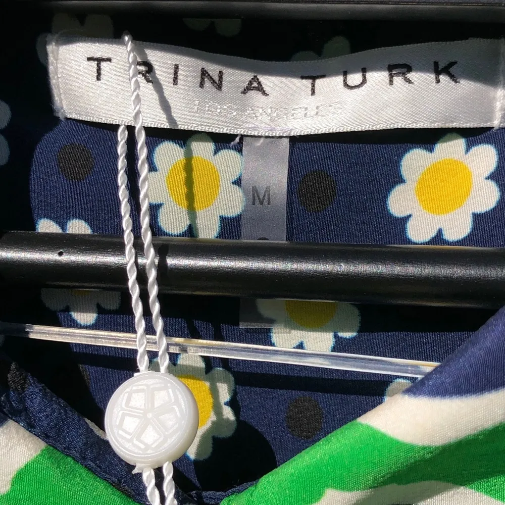 TRINA TURK Shirt Dress Redondo Sunglasses Print 100% Silk Green Navy Belted Med - Image 7