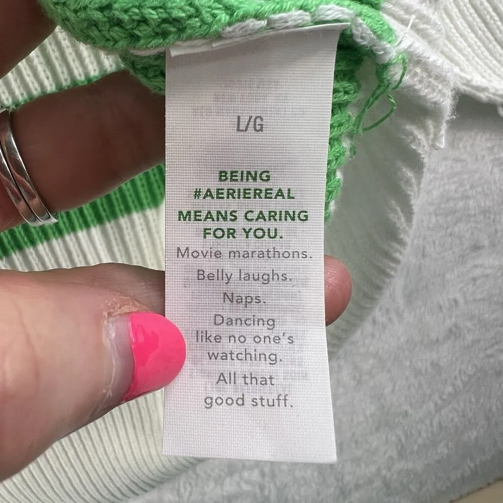 Aerie L Large Oversized Beyond Quarter Zip Sweater Knit Polo Green Stripe Womens - Image 8