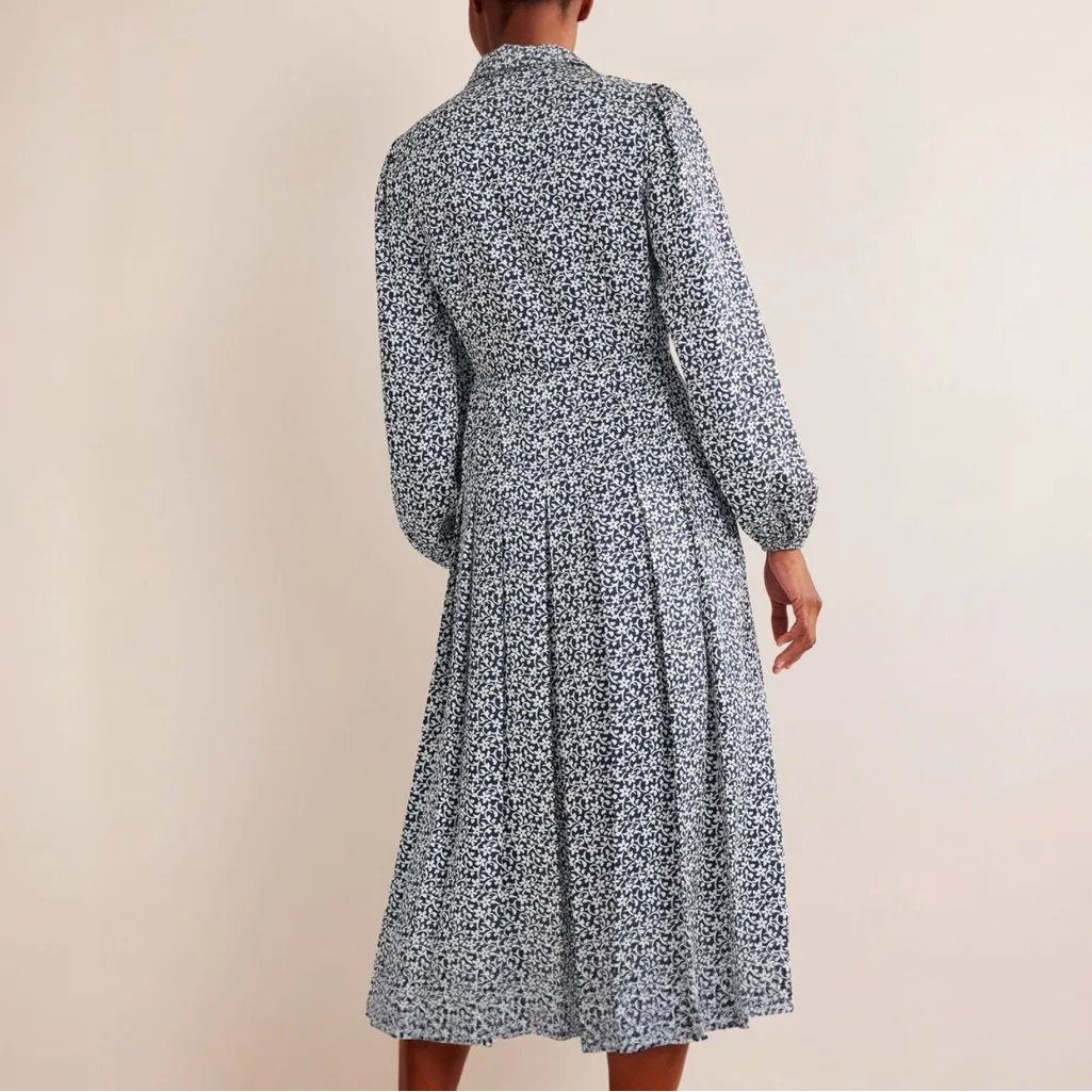 Boden Pleated Skirt Midi Shirt Dress Navy White Floral Long Sleeve Size 4 US Blue - Image 4