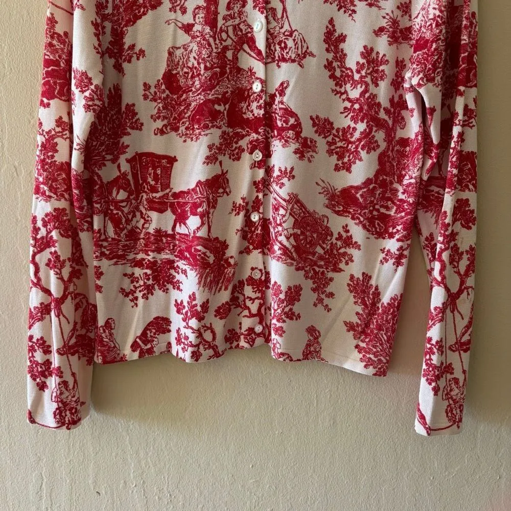 August Silk Knit Button Down Lightweight Red Cream Casual Luxury Cardigan  SZ L - Image 7