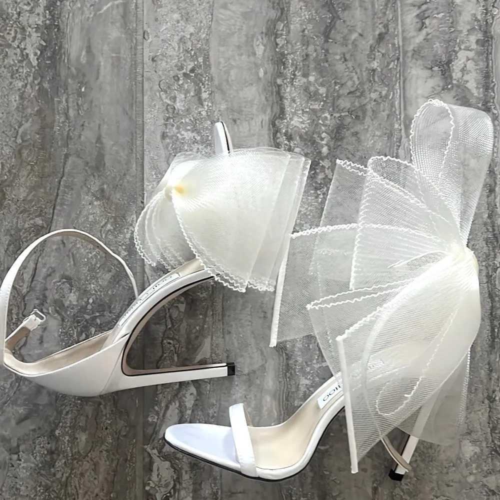 Jimmy Choo Aveline 100 Sandals w/Asymmetric Grosgrain Mesh Fascinator Bows NEW - Image 13