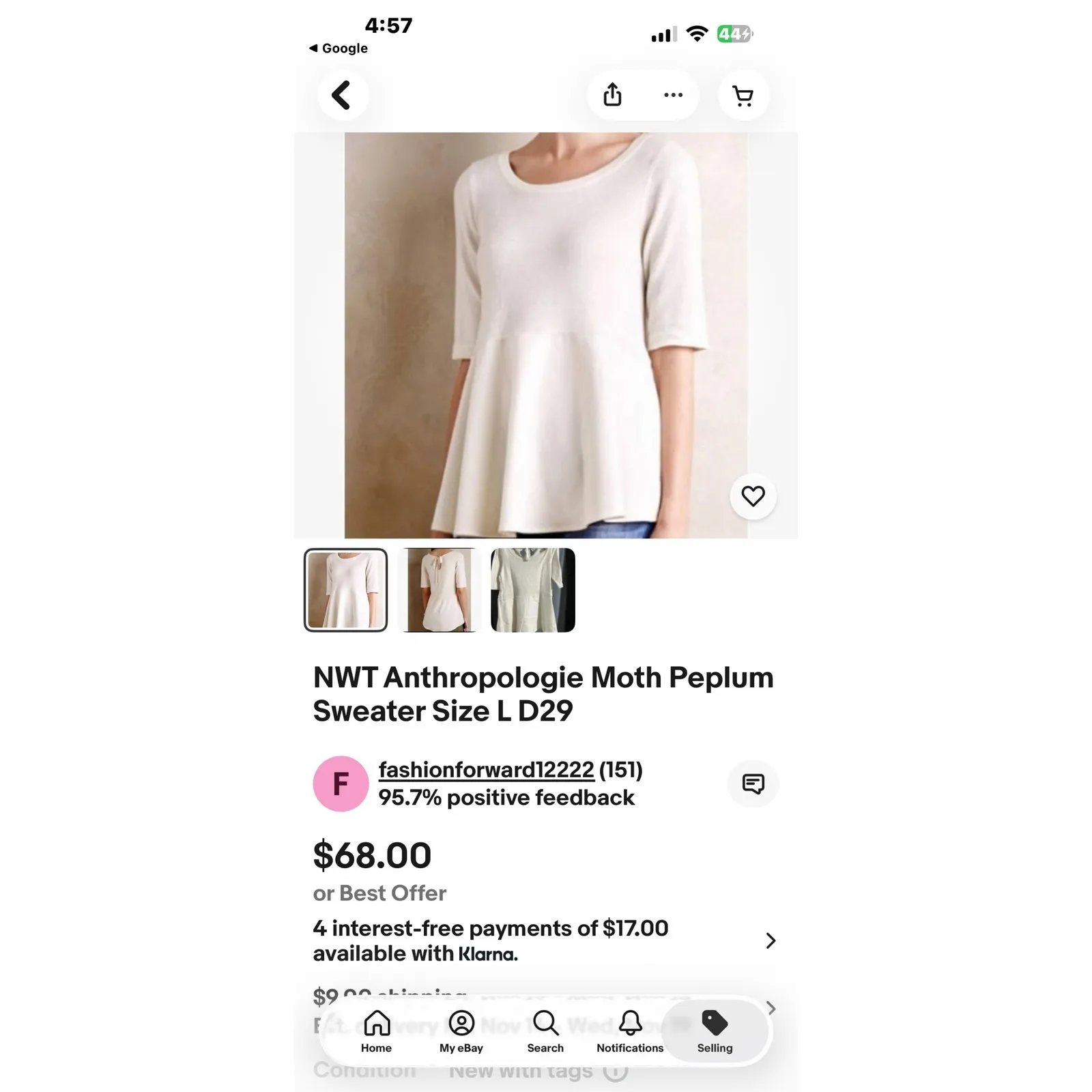 Moth Anthropologie Sweater Women Small Ivory Knit Peplum Tie Back‎ Short Sleeve - Image 8