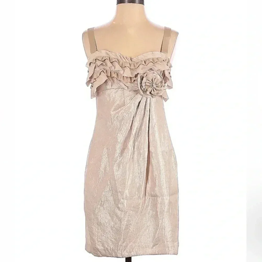 Boston Proper Y2K Rose Gold Shimmer Metallic Ruffle Sweetheart Neck Dress Size 2 - Image 2