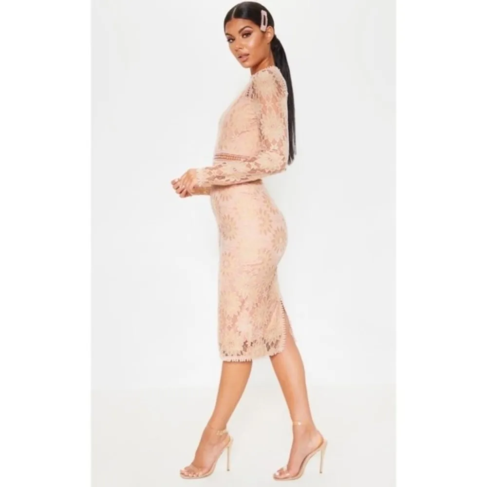 PrettyLittleThing Caris Dusty Pink Long Sleeve Lace Bodycon Dress Size 6 - Image 4