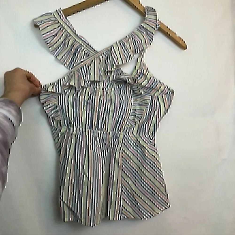 ELLAS MOSS Carol Ruffle Cap Sleeve Square Neck Top White Pink Blue Convertible XS - Image 12