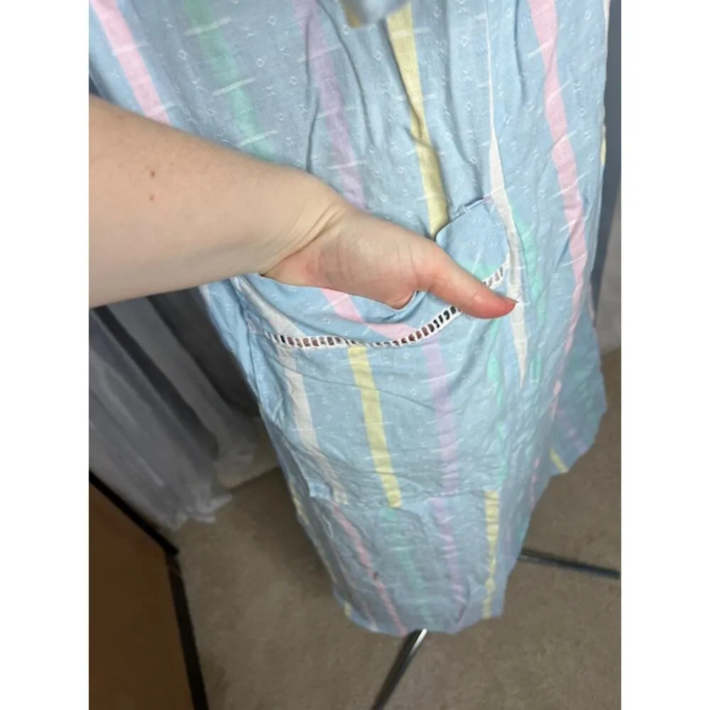 striped house dress duster vintage cotton pastel blue pink yellow Size 2X - Image 4