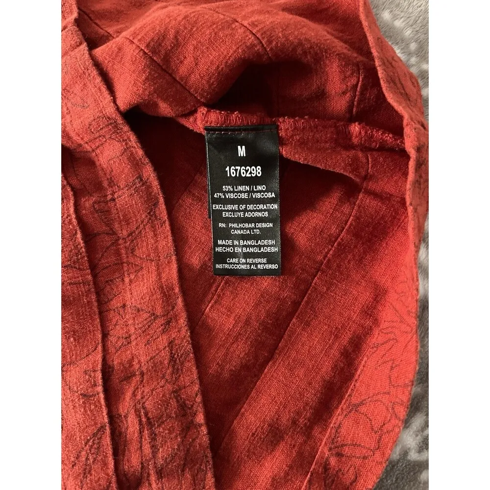 Nicole Miller Women’s Shirt Dress Sz Medium Linen Blend Leaf Print Red Summer - Image 10