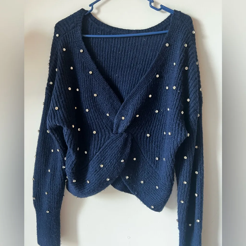 Express Women’s Navy Blue Knit Sweater with Pearl Embellishments Size M - Image 3