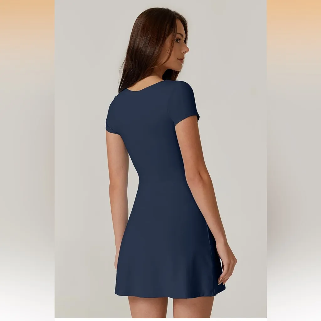 Womens Square Neck Tennis Dress Short Sleeve Built in Shorts nwt navy Small Blue - Image 2