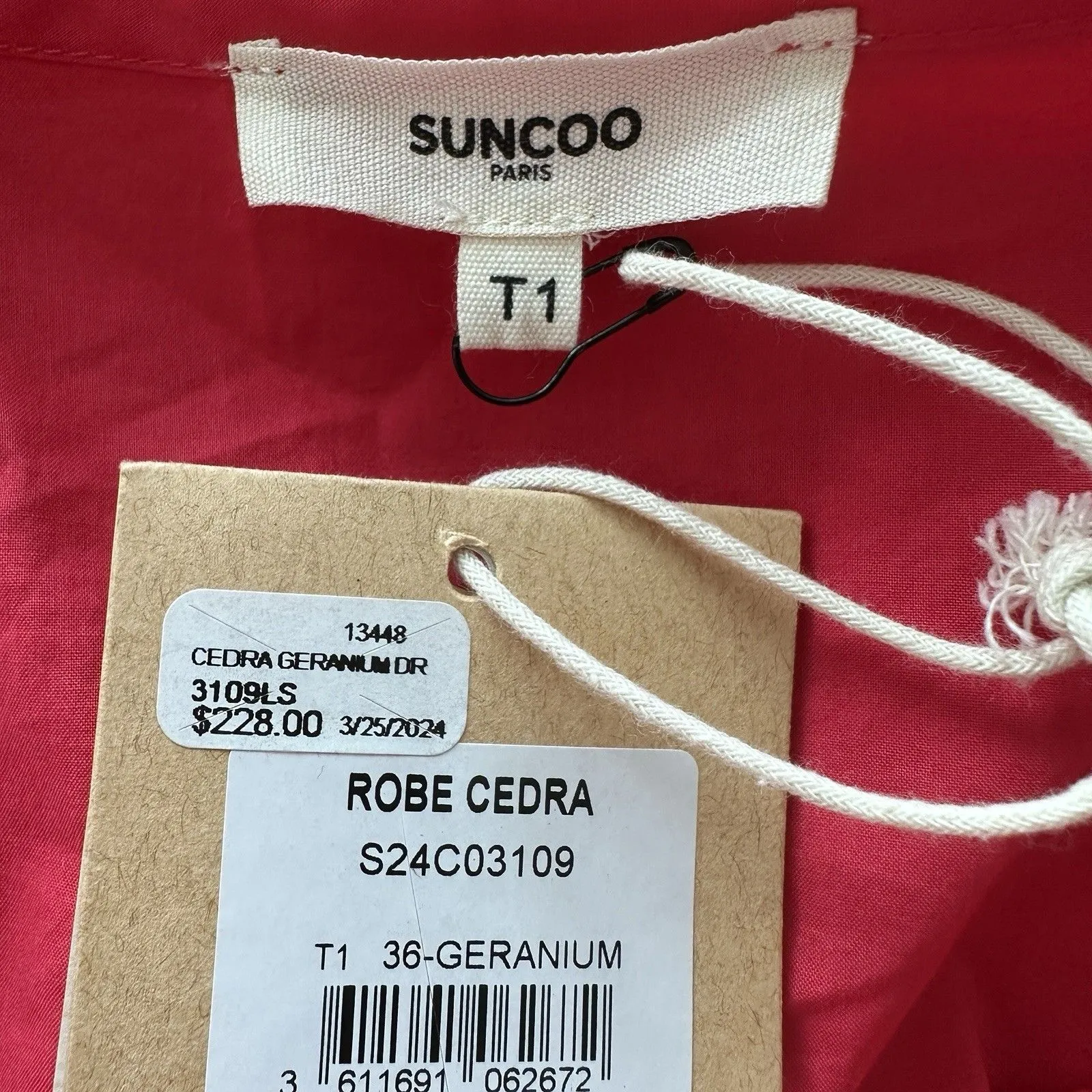 NWT Suncoo Paris Cedra Dress Eylet Midi Organic Cotton France T1 Red - Image 4