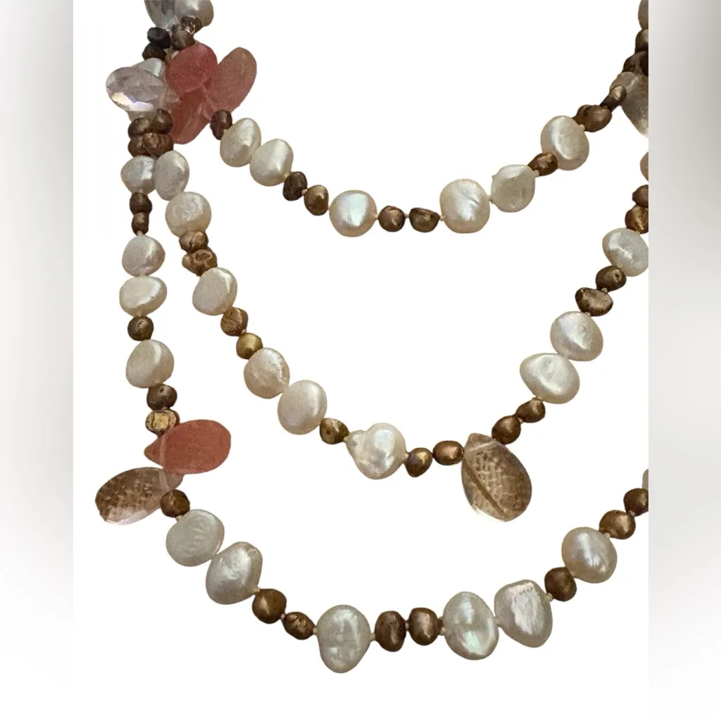 Freshwater Pearl, Rose Quartz and Rutilated Quartz long Hand Knotted Necklace - Image 2