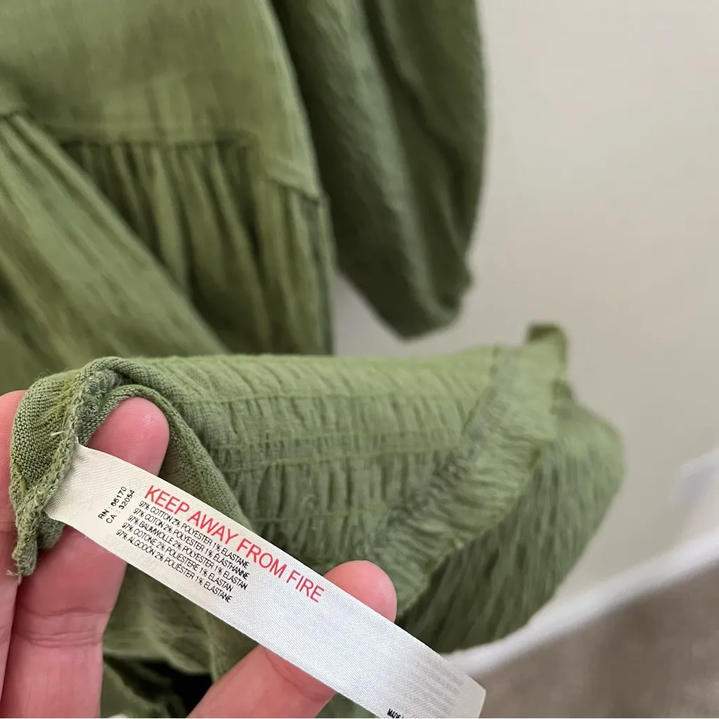 Free People Beach Green Get Obsessed Babydoll Mini Dress Long Balloon Sleeve XS - Image 9