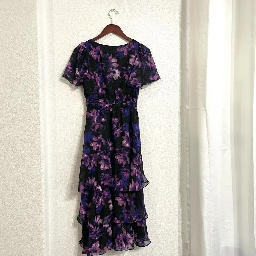 NWT Lucy Paris Womens Dress Claire Purple Black Midi Tiered V Neck Size XS - Image 3