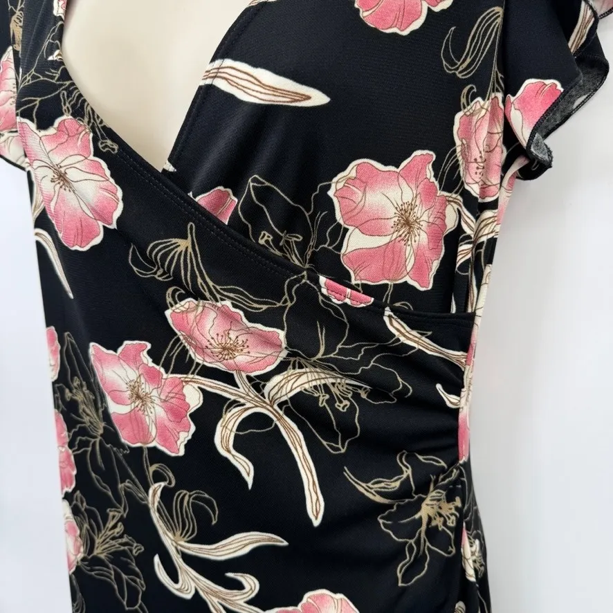 Vintage Y2K PS Asymmetrical Dress Womens Small Black Pink Floral Flutter Sleeve - Image 4