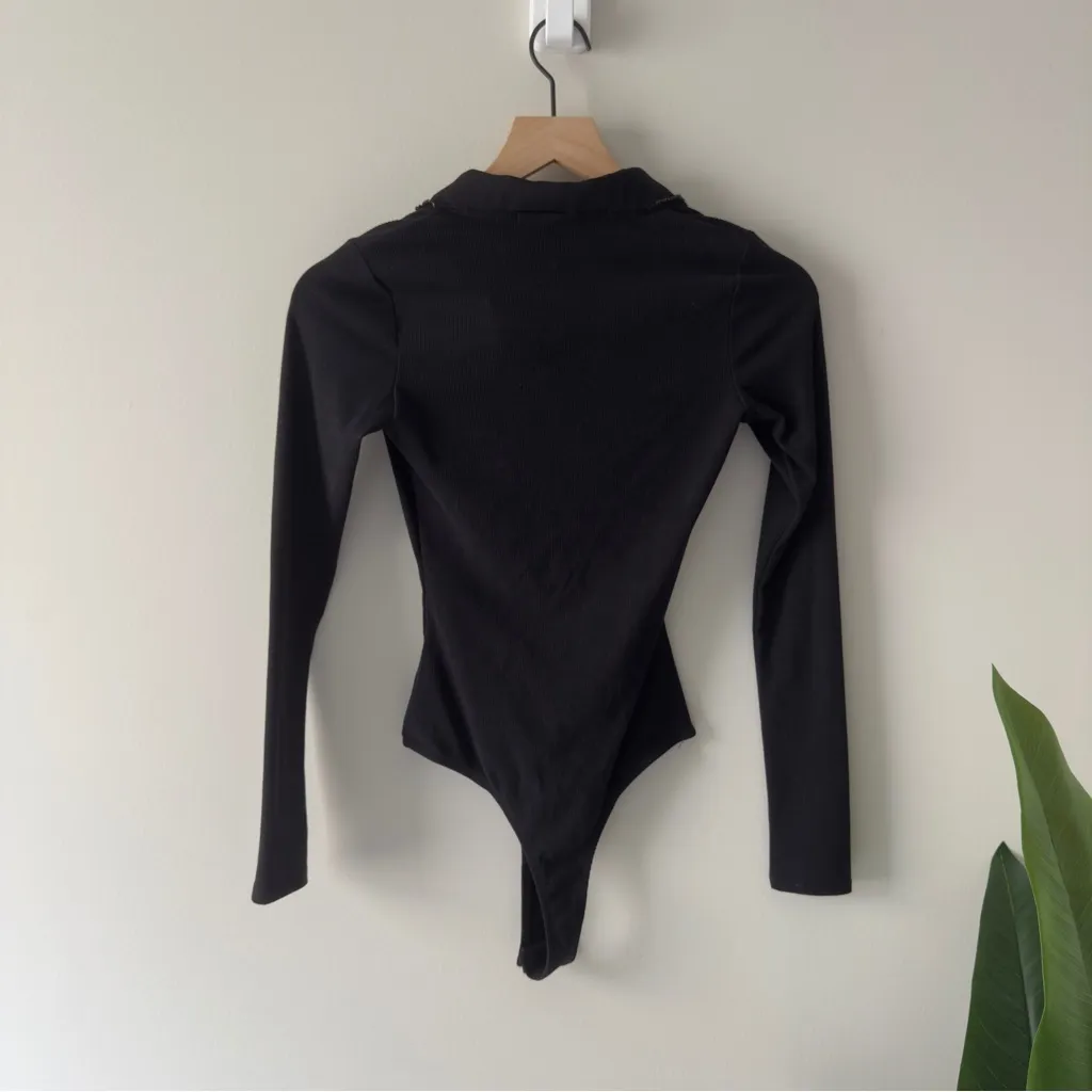 Francesca's Black Beaded Embellished Collar Bodysuit Long Sleeve Collared Ribbed Size XS - Image 3