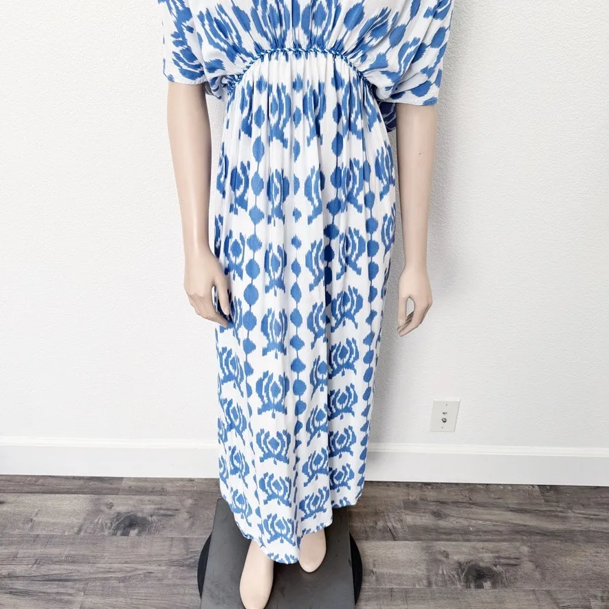 [World Market] Blue Geometric Print Kaftan Coverup Short Sleeve Maxi Dress L/XL - Image 6