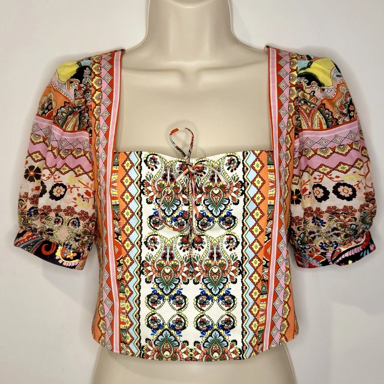 Alice + Olivia Margarite Tie Front Puff Sleeve Boho Crop Top Size S Small EUC!! - Image 2