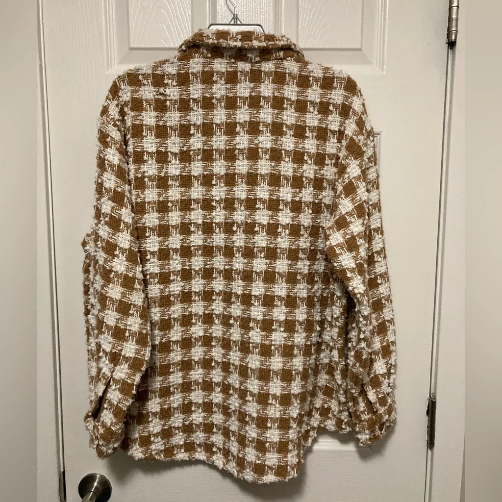 Costes Basic Chic Camel Brown & White Skyler Plaid Button Down Shacket Shirt Size undefined - Image 8