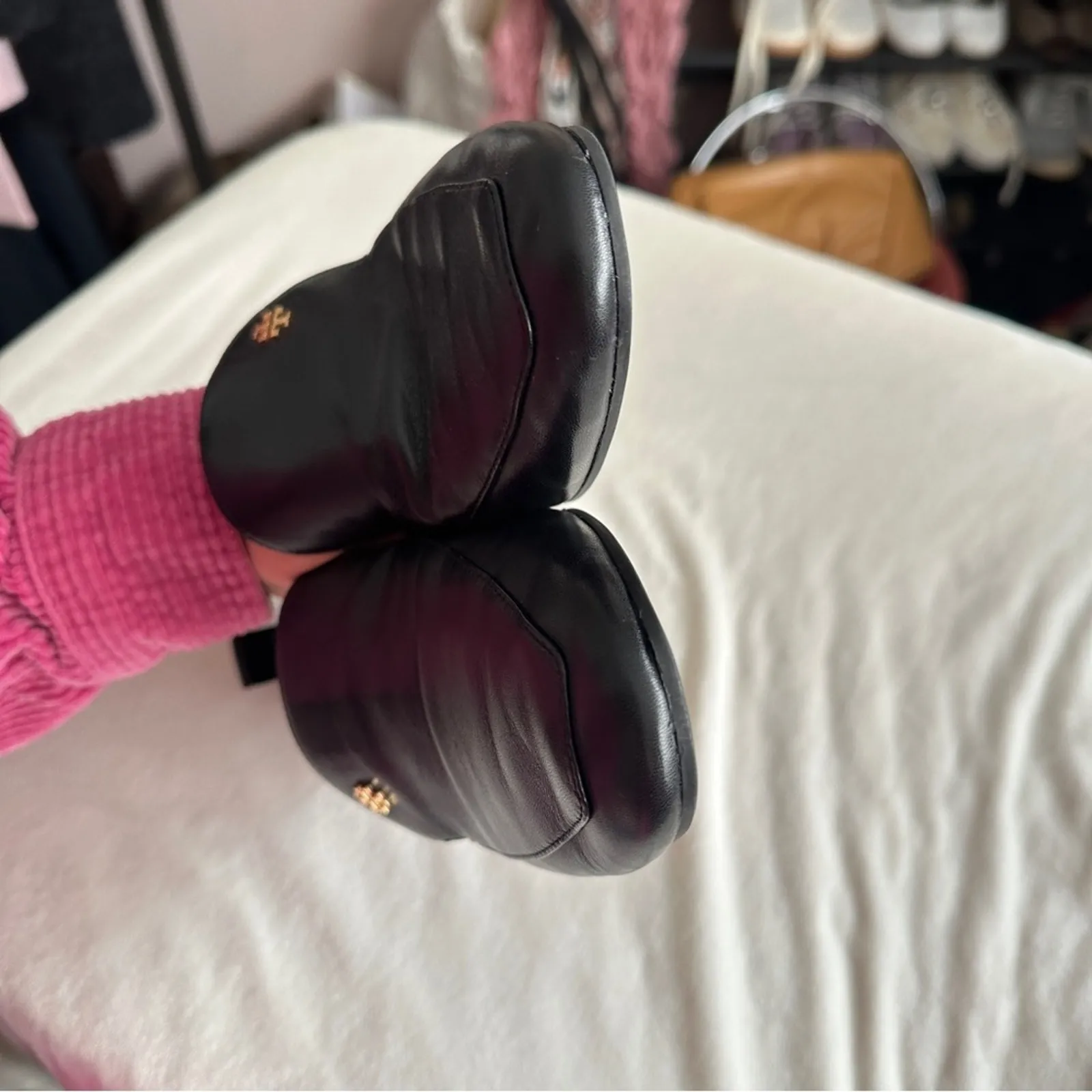 Tory Burch Kira Black Nappa Leather Women's Loafers Stretch Heel Gold Hardware - Image 6