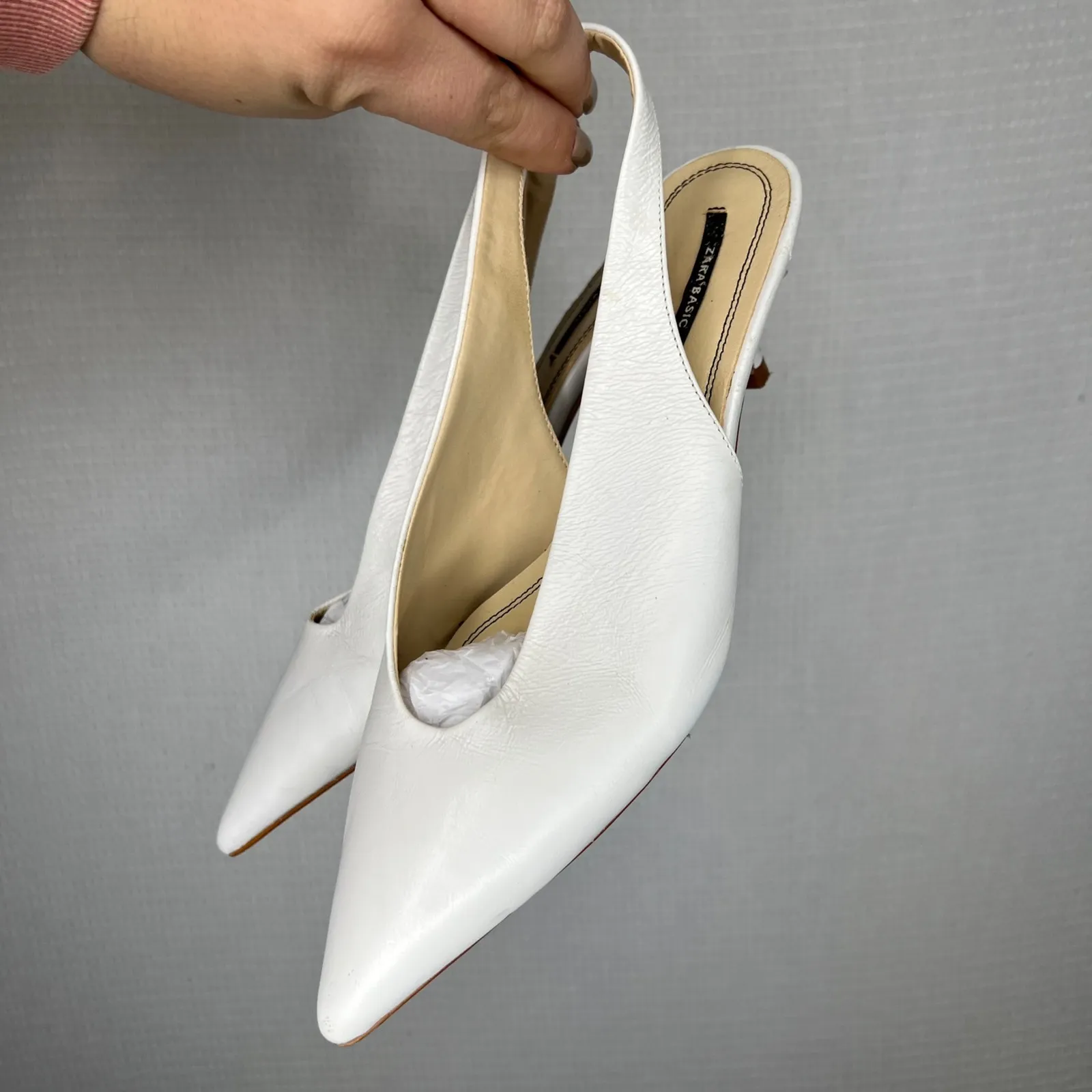 ZARA BASIC Women White Pointed Toe Slingback Kitten Heel Shoes Size 37 - Image 3