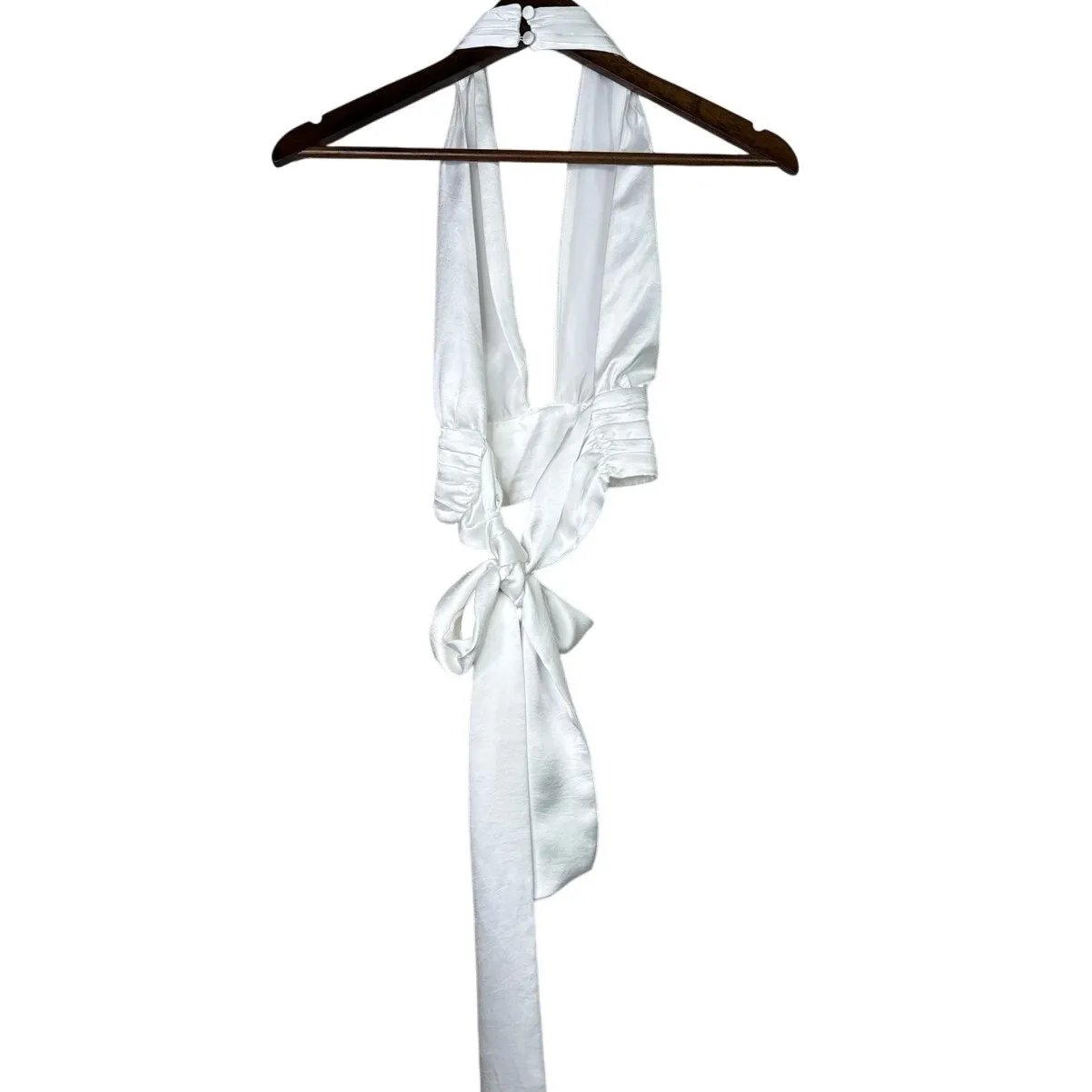 Zara Satin Effect Drape Halter Plunge Neck Line Open Back Tie Crop Top White S - Image 12