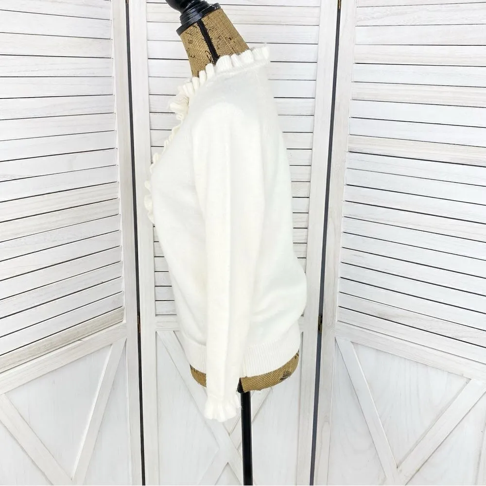 C+D+M Ruffle Trim Half Button Pullover Sweater Ivory Small Coquette Victorian White - Image 2