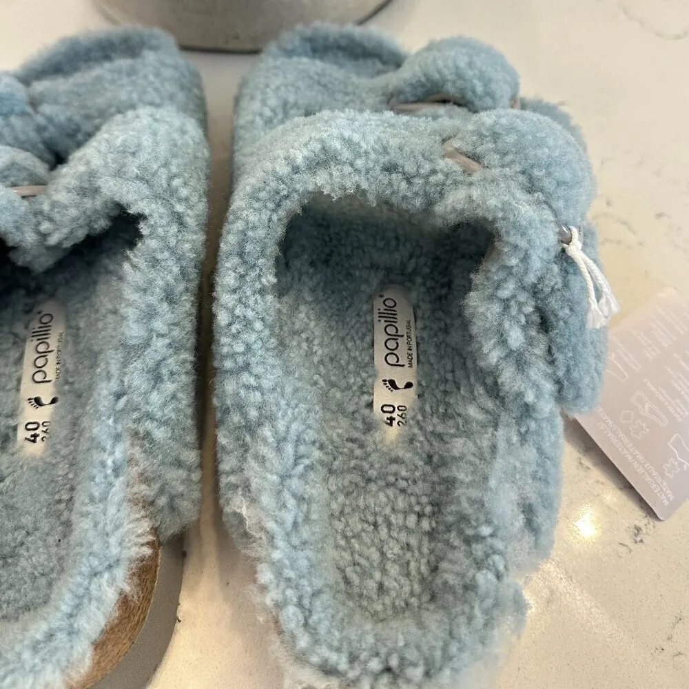 BIRKENSTOCK Arizona Big Buckle Genuine Shearling Slide Sandal in Faded Aqua - Image 7