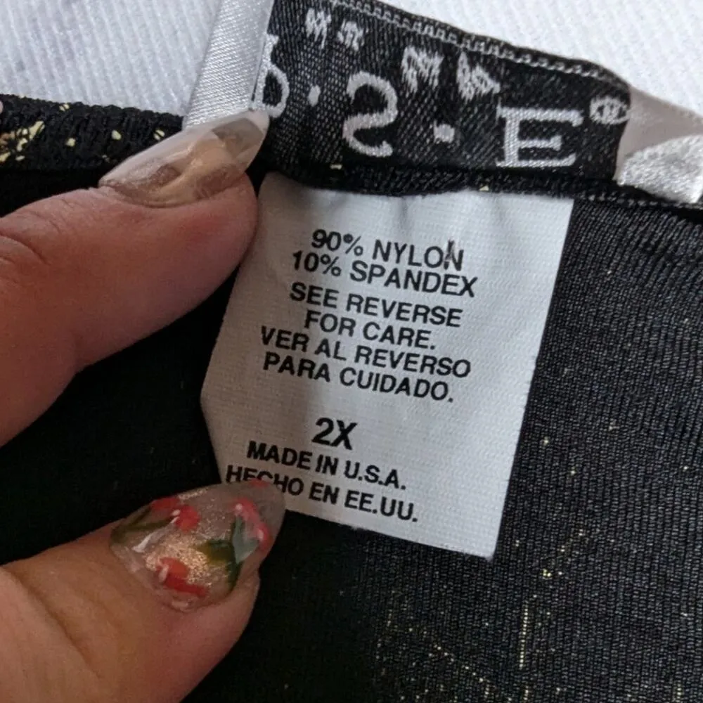 Vtg 1990s PSE Black Ivory Floral Print Stretch Nylon Jersey Short Sleeve Top 2X - Image 4