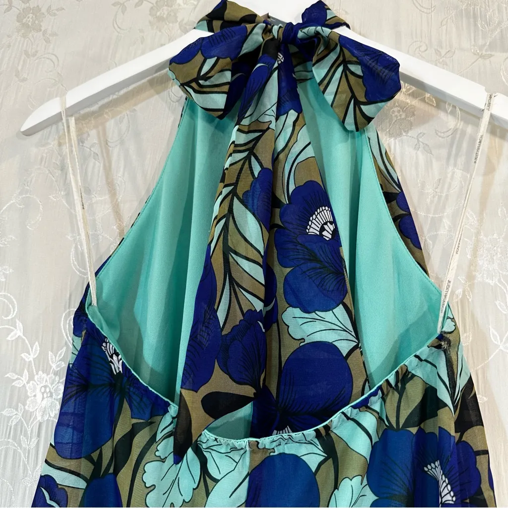 Judith March Indigo Poppy Halter Tie Neck Mini Dress Blue and Green Size Small - Image 8