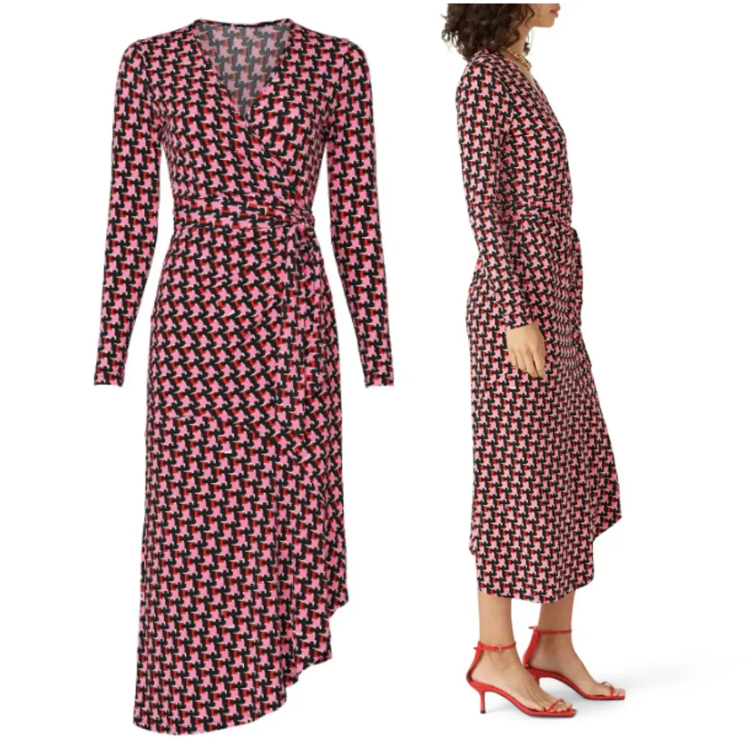 Yumi Kim Sabine Jersey Asymmetrical Wrap Dress Red Pink Black Geometric Print XS - Image 3
