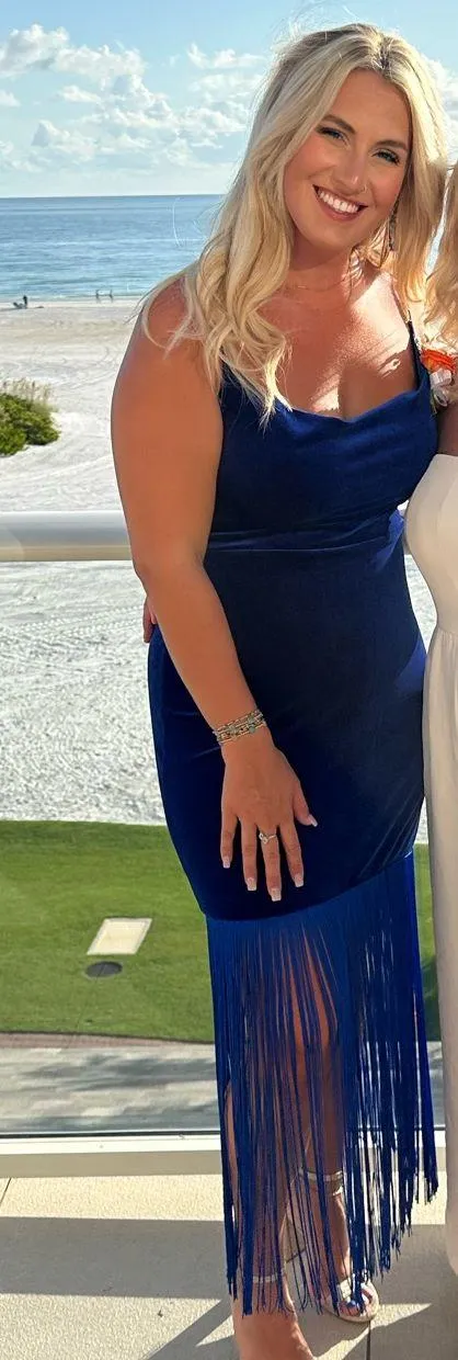 NWT Taylor Royal Blue Velvet Fringe Cowl Neck Dress, Sz 8 Size M - Image 9