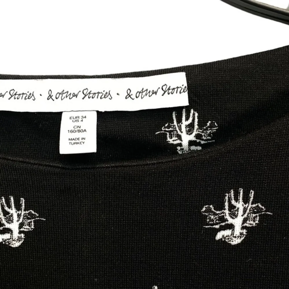 & Other Stories Black White Longline Top Mini Dress Long Sleeve Cactus Print - Image 10